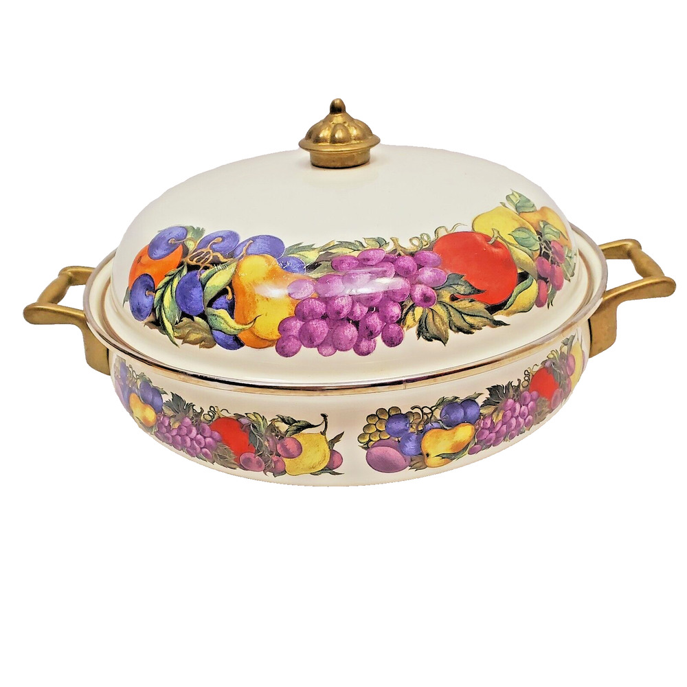 Read Vintage Cornucopia Dutch Oven Enamel Fruit Covered Lid Pot Brass Casserole